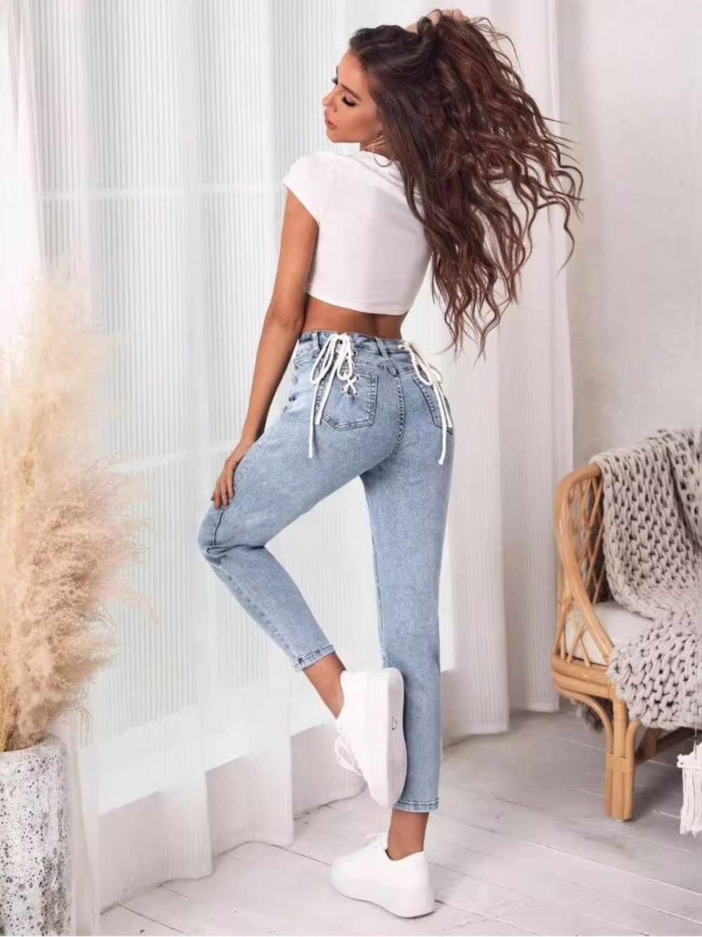 High-Waist Lace-Up Light Blue Women’s Jeans
